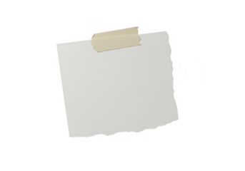 A torn piece of white paper is taped to a transparent background, isolated and ready for a message