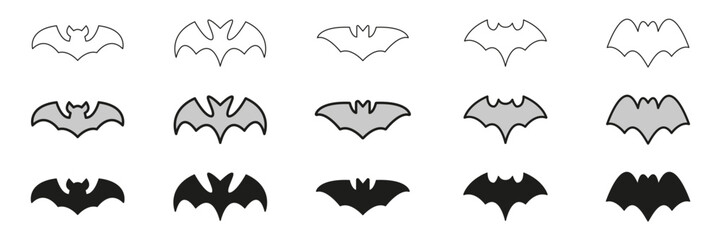 Spooky Bat Silhouettes In Line, Outline, And Glyph Icon Set. Flying Horror, Nocturnal Creature And Halloween Symbol Collection. Isolated Vector Illustration