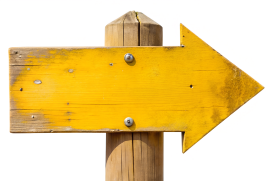 Rustic Yellow Wooden Arrow Sign on Transparent Background rustic yellow wooden arrow sign pointing the