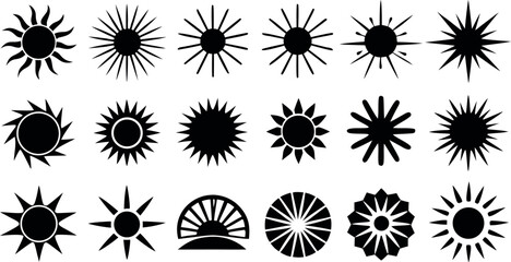 Vector art of a collection of sun and starburst icons in black silhouette, representing light and energy