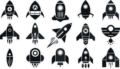 Vector art of a collection of rocket ship icons in black silhouette, representing space exploration and technology © VectEasy