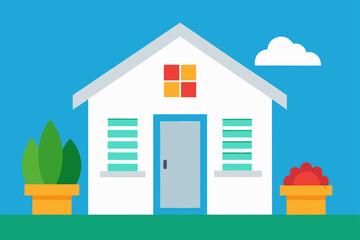 Small White Cottage With Colorful Shutters And Flower Garden