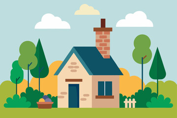 Naklejka premium Cottage With Stone Chimney And Hanging Plants In Sunny Yard