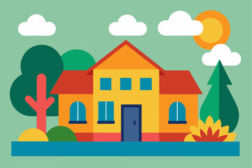 Fototapeta premium Charming Suburban House Illustration Colorful Home Design