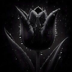 A striking black tulip covered in glistening water droplets, set against a dark background