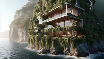 A breathtaking modern architectural marvel, a multi-story building integrated into a lush, vine-covered cliffside overlooking the ocean.