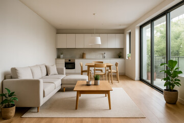 Modern and minimalist living room with dining area and plants