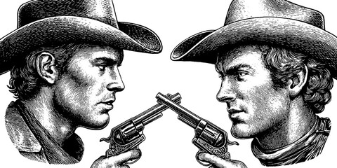 Vintage western duel hand drawn engraving illustration with cowboys and pistols