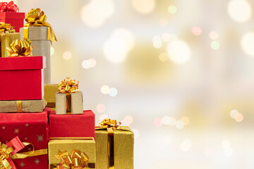 Golden and red gift boxes for holidays, birthday, promotions, christmas, new year, wedding. Elegant...