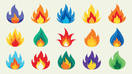 Vector art of collection of vibrant fire flame icons in different colors and designs, ideal for creative projects