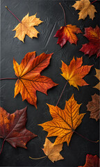 Fototapeta premium Autumn foliage. Fallen leaves. Red and yellow. Black background. Japan. Japanese style. Seasons. Four Seasons. Backgrounds.