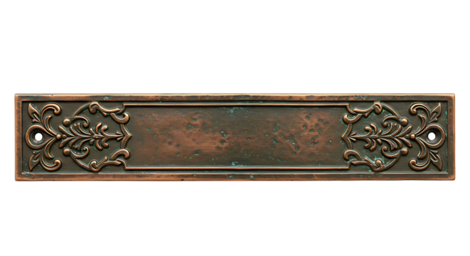 Ornate bronze metal plate featuring aged patina and decorative embellishments suitable for vintage designs and historical recreations - Powered by Adobe