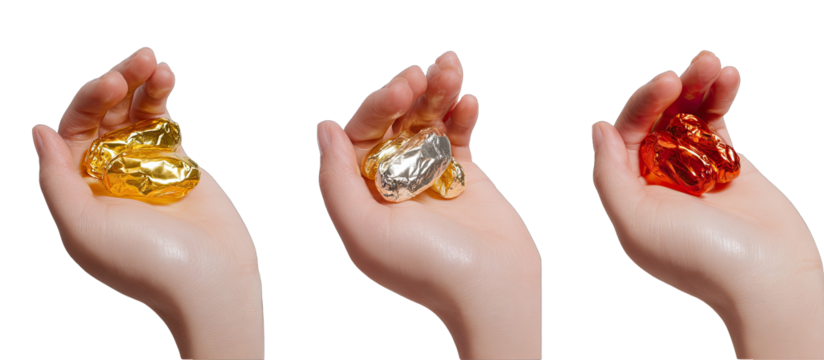 Three hands holding different colored, textured nuggets