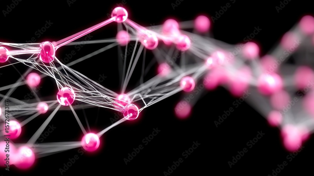 Poster chromatic pulse network, vibrant pink and aqua nodes interconnected in dark space, featuring a symme