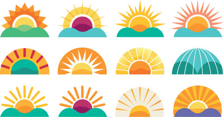 Vector art of a diverse set of sun and sunrise icons, perfect for adding a bright and cheerful touch to designs