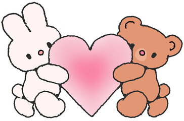 토끼와 곰이 하트를 들고 있는 귀여운 캐릭터 드로잉 스티커