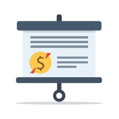 A clean flat design vector of a financial presentation or business report screen with dollar sign and data elements. Ideal for concepts like finance, investment, and economics.