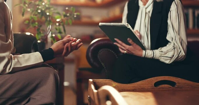 Hands, client and lawyer with tablet in office for business, consulting advice or feedback. Talk, help and people in discussion in meeting with legal advisor, attorney or review for court case or aid