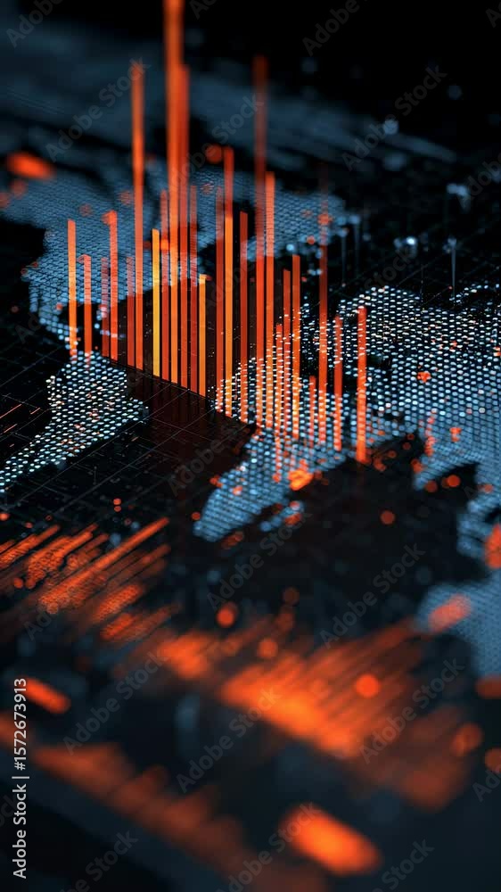 Poster eyecatching financial data visualization portraying a modern world map interspersed with bar graphs 