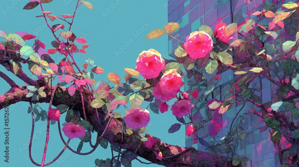 Poster glitch bloom circuit, vibrant abstract floral patterns in cyan and fuchsia, merging pop art with low
