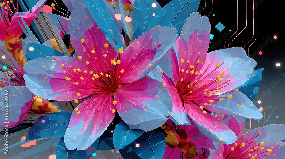 Poster glitch bloom circuit, vibrant abstract floral patterns in cyan and fuchsia, merging pop art with low