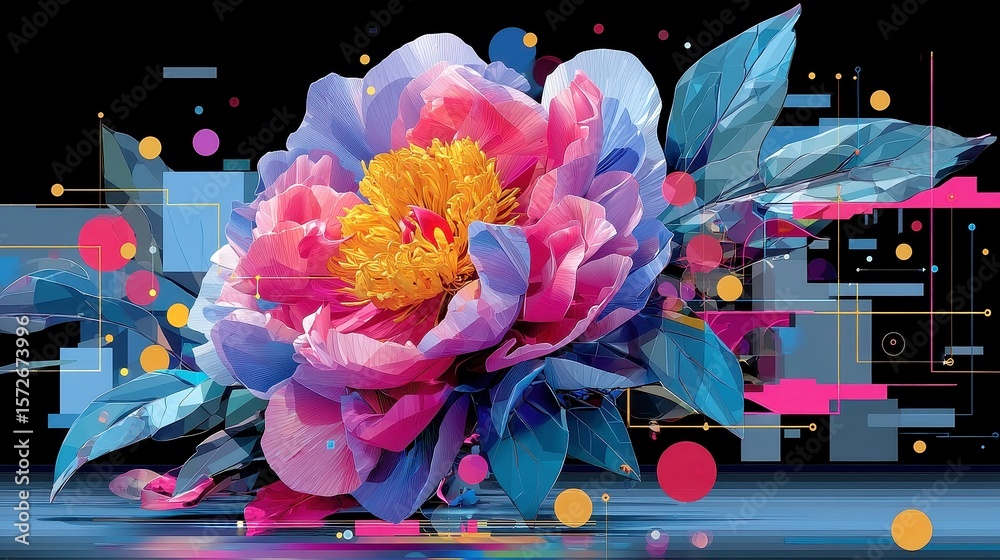 Poster glitch bloom circuit, vibrant abstract floral patterns with pulsating cyan and fuchsia colors, mergi