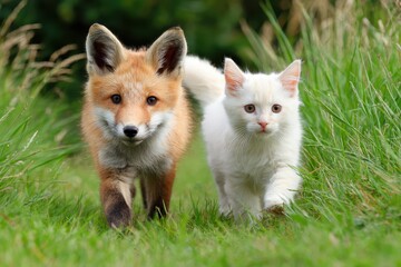 Dog And Cat Running. Playful White Pets Running Through Grass Field