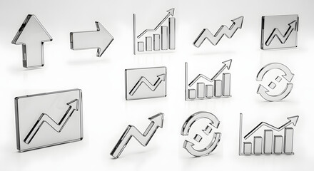 Collection of transparent glass-like icons representing upward trends, arrows, and circular processes.