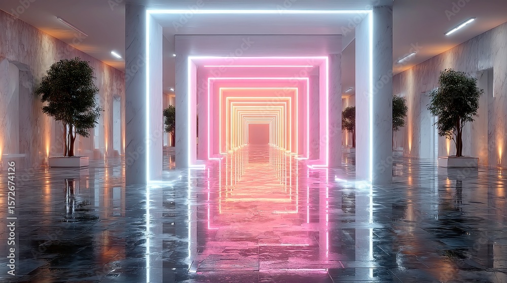Poster neon flux tunnels, vibrant streams of pink and cyan data surge through infinite tunnels, featuring p