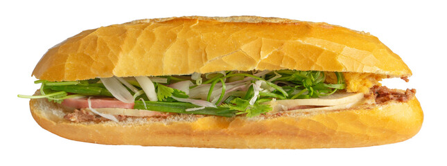 Close up of a banh mi sandwich with meat. Banh mi thit nuong or a vietnamese barbecue pork...