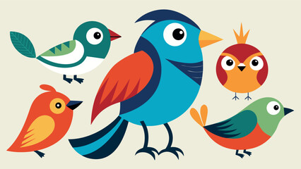 Obraz premium Vector art of a cheerful group of cartoon birds in vibrant colors, perfect for childrens illustrations