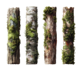 Mossy logs arrangement nature still life. Isolated on transparent background, png.