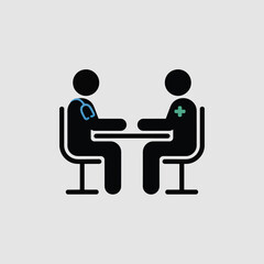 Minimalist Vector Icon Two People Sitting at Table Doctor Patient Consultation Healthcare Medical Appointment Meeting Black Blue Teal