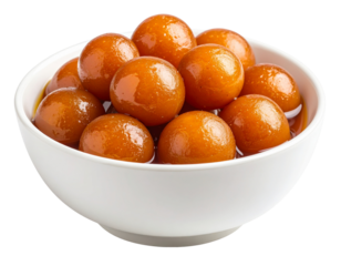  Traditional Gulab Jamun in White Bowl with Sugar Syrup, Front View, isolated on transparent background PNG”