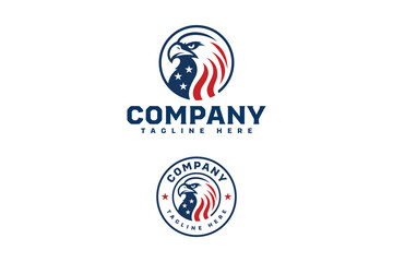 Stylized eagle head logo with American flag motif in circular badge form. Great for patriotic brands, security firms, or national events. Provided in flat vector format.