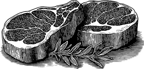 Vintage engraved illustration of marbled meat cuts with herb accent