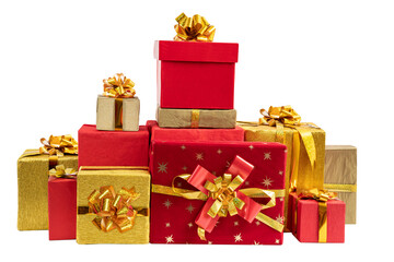 Golden and red gift boxes for holidays, birthday, promotions, christmas, new year, wedding. Elegant...