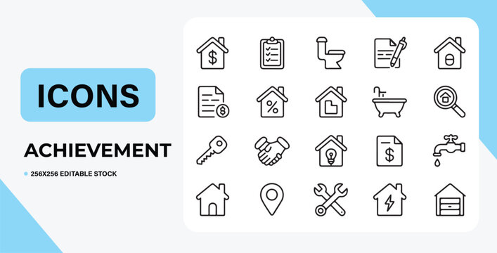 Line Icon set: Home, Building & Achievement Icons. A collection of clean, minimalist line icons symbolizing homeownership and associated financial and functional features.