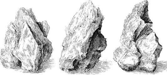 Vintage mica rock illustration set in black and white engraving style for retro design