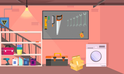 Basement room with tools, washing machine and household items