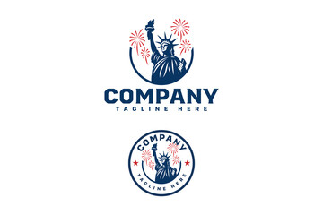Patriotic logo featuring the Statue of Liberty with fireworks in a circular badge layout. Ideal for Independence Day branding, national campaigns, or American-themed promotions.