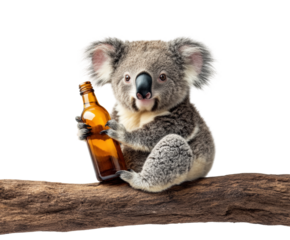 Koala drinks beer on tree branch australian wildlife fun. Isolated on transparent background, png.
