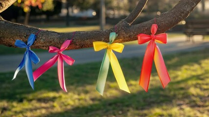 Bows of various colors and types hanging from a tree branch - Powered by Adobe