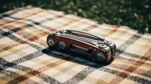 Multi-tool on plaid picnic blanket in park