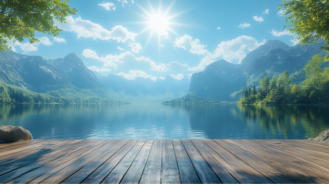 Scenic nature perspective from a wooden boardwalk looking across still water, misty forest, and mountain backdrop