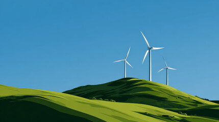 Fototapeta premium Three wind turbines stand tall on a green hill, harnessing the power of wind.