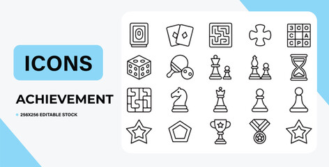 Achievement Icons: A visually engaging set of line art icons, including diverse games, a trophy, and a medal, all signifying the concept of success. 