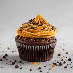 A delicious chocolate cupcake topped with vibrant orange and yellow swirled frosting and sprinkled with chocolate chips.
