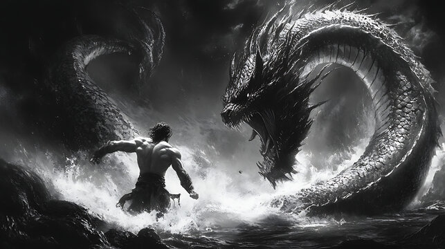 Hydra in Combat with Hercules &ndash; Intense black-and-white sketch of Hercules slashing at the regenerating heads of the Lernaean Hydra