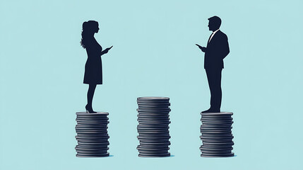 Gender Pay Gap Coin Chasm – Business man on taller stack of coins facing woman on smaller stack across a financial divide